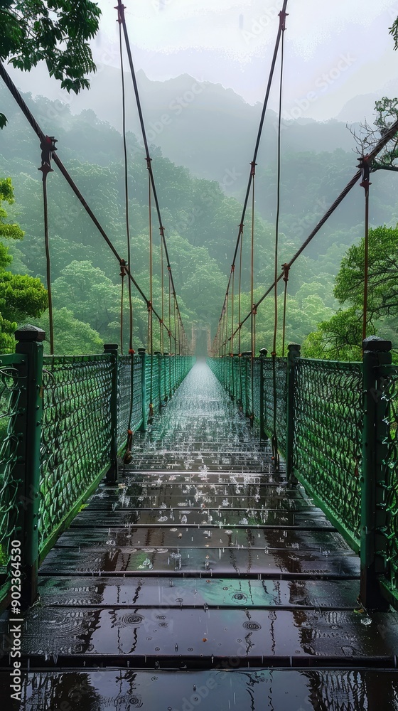 Obraz premium A suspension bridge stretches through a misty, lush forest, surrounded by dense green foliage, creating a serene and mystical atmosphere, evoking adventure and tranquility.