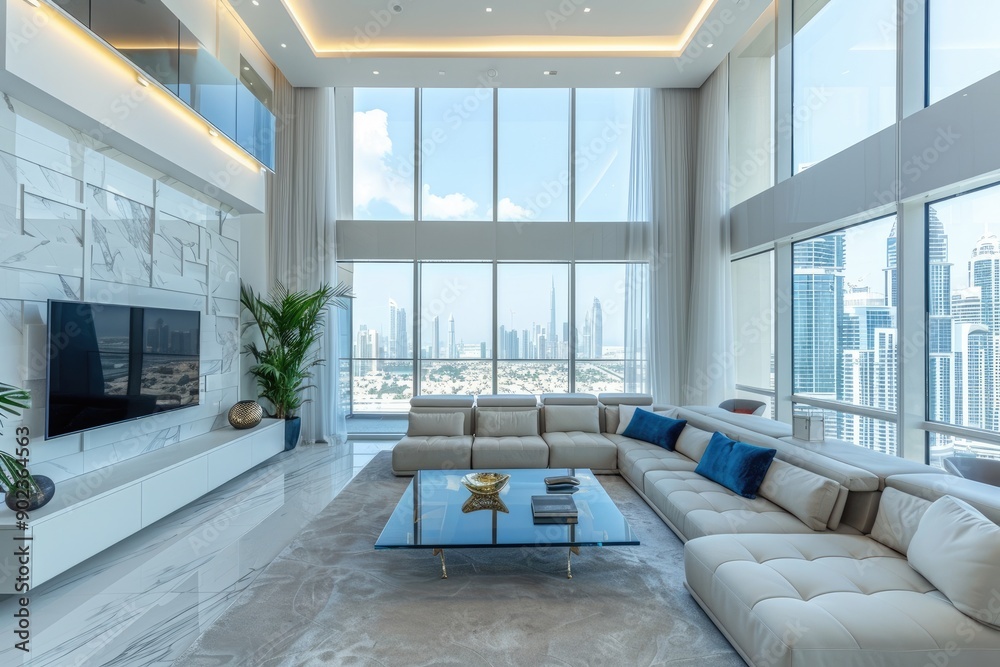 Contemporary living room showcasing a panoramic city view, luxurious furniture, large windows Contemporary living room showcasing a panoramic city view, luxurious furniture, large windows