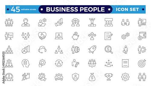 Business people line icons set. Businessman outlines icons collection. Teamwork, human resources, meeting, partnership, meeting, workgroup, success, resume. Editable stroke outline icon.
