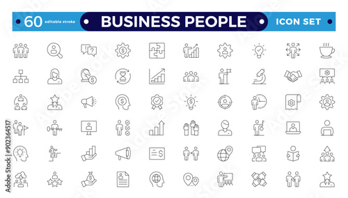 Business people line icons set. Businessman outlines icons collection. Teamwork, human resources, meeting, partnership, meeting, workgroup, success, resume. Editable stroke outline icon.
