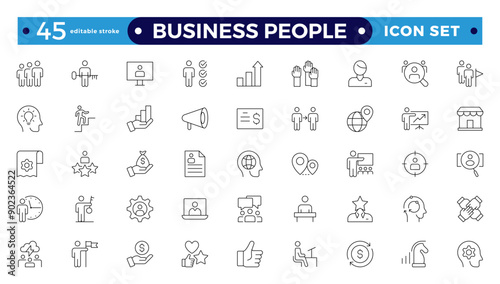 Business people line icons set. Businessman outlines icons collection. Teamwork, human resources, meeting, partnership, meeting, workgroup, success, resume. Editable stroke outline icon.
