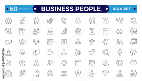 Business people line icons set. Businessman outlines icons collection. Teamwork, human resources, meeting, partnership, meeting, workgroup, success, resume. Editable stroke outline icon.
