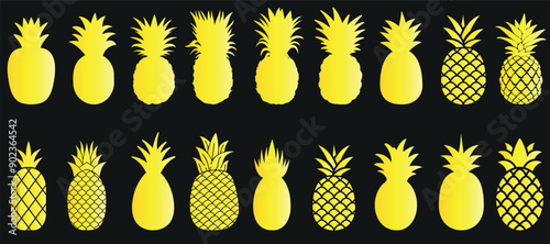 Pineapple silhouette vector art. Yellow pineapples illustration. ananas clipart design. Pineapple shapes on black background