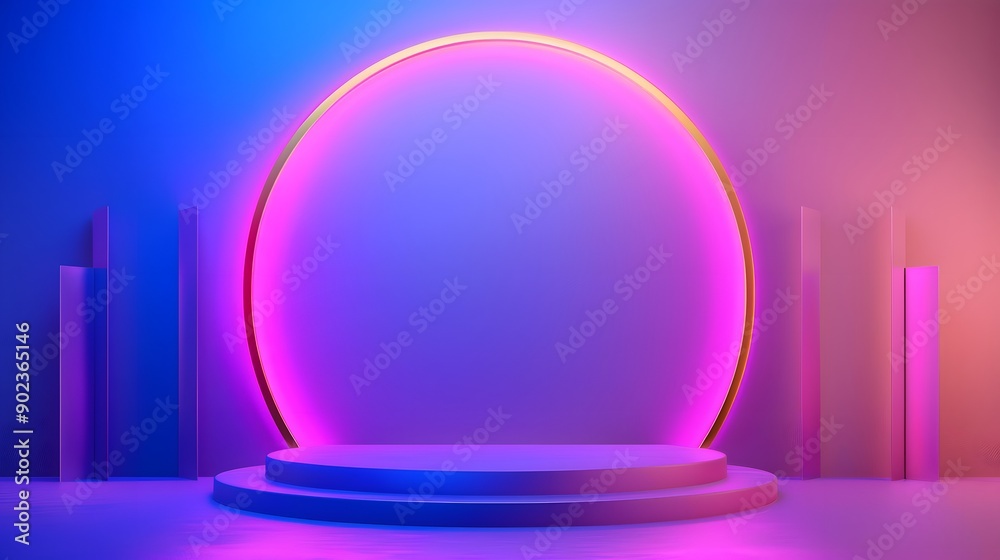 Abstract realistic 3d blue cylinder pedestal podium with dark blue abstract room with semi circle glowing neon lighting scene. Vector rendering product display presentation Abstract realistic 3d blue cylinder pedestal podium with dark blue abstract room with semi circle glowing neon lighting scene. Vector rendering product display presentation