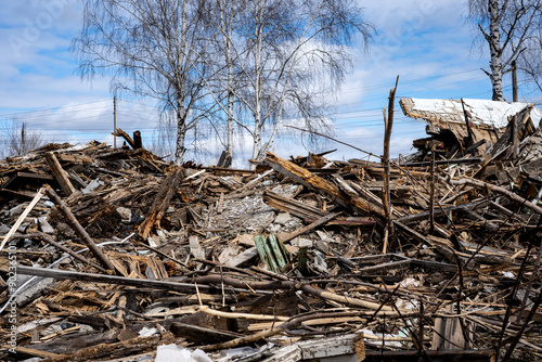 Wooden debris of a destroyed house. 