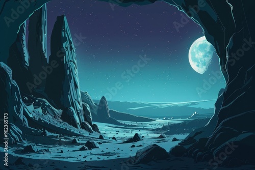 Mysterious alien landscape with rock formations and large moon photo