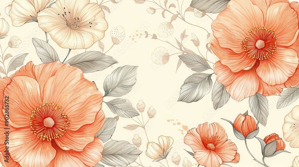 Floral pattern background with detailed, hand-drawn flowers and leaves Floral pattern background with detailed, hand-drawn flowers and leaves