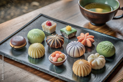 Japanese Wagashi A variety of intricately designed wagashi with a cup of green tea