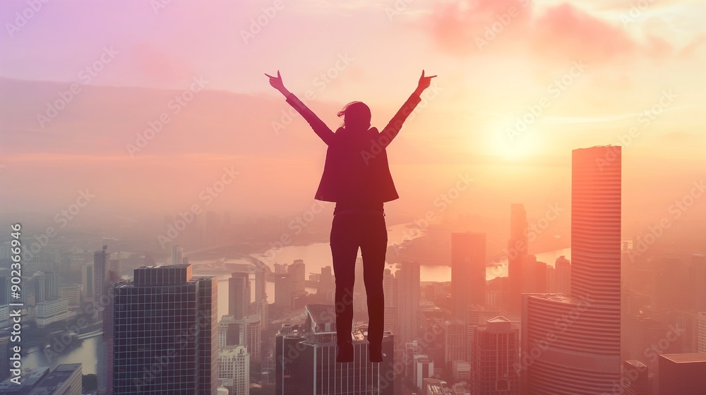 Businesswoman raising her hands in celebration of success atop a skyscraper Businesswoman raising her hands in celebration of success atop a skyscraper