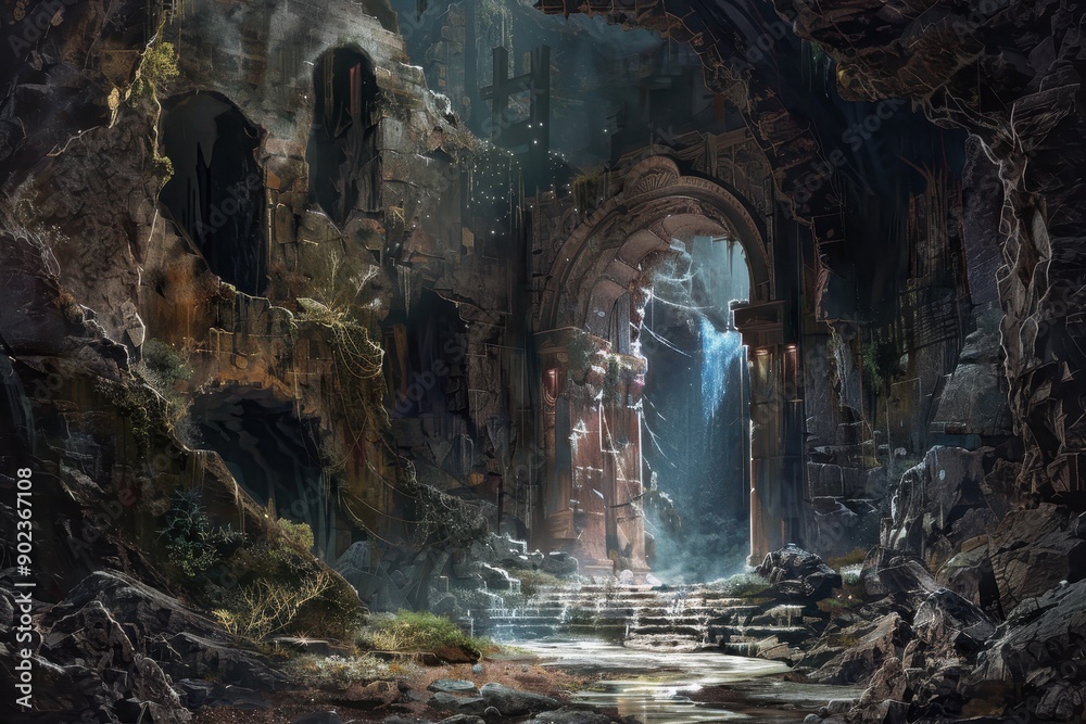 Ancient temple ruins overgrown with moss and vines Ancient temple ruins overgrown with moss and vines