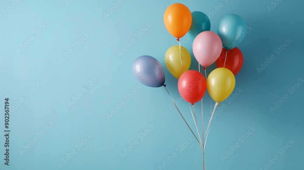 Bright balloons isolated on a blank background of a blue wall with copy space