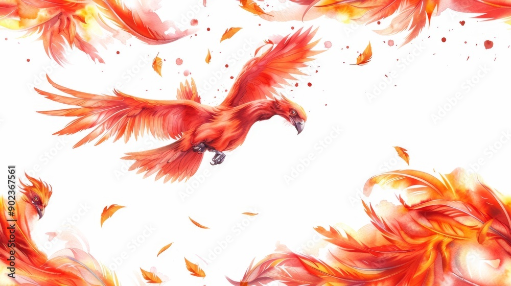 Obraz premium Seamless design featuring a phoenix in a bright watercolor style.