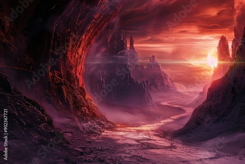 Alien planet landscape with red rocks and a distant sun photo