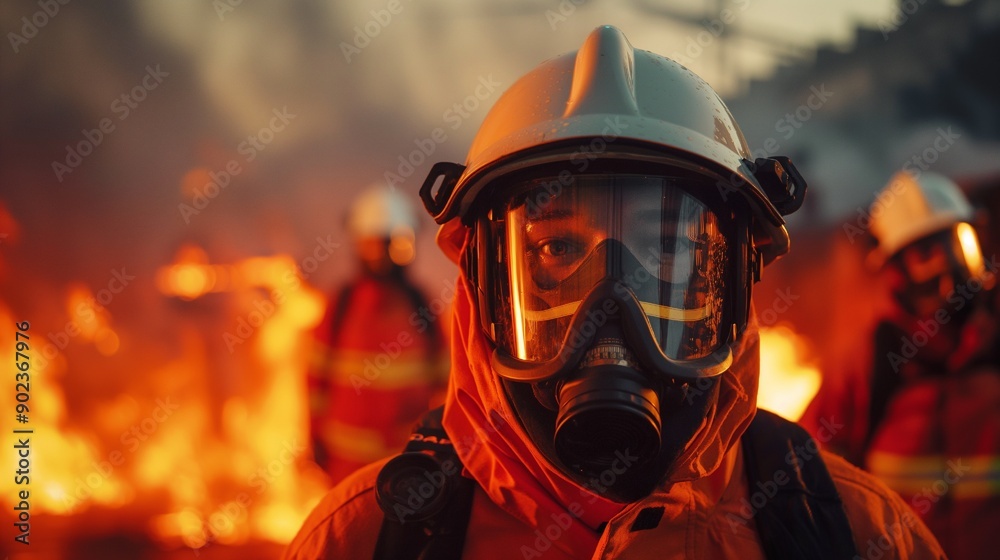 fireman with a fire flame in an emergency situation in background. Under danger situation, all firemen wearing firefighter suits for safety fireman with a fire flame in an emergency situation in background. Under danger situation, all firemen wearing firefighter suits for safety