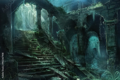 Ancient ruins overgrown with plants and moss in an underwater setting photo