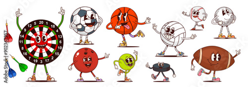 Cartoon groovy sport ball characters. Vector playful set of dartboard, soccer, basketball, volleyball, bowling, tennis, hockey puck or football personages sporting shoes and expressing lively emotions