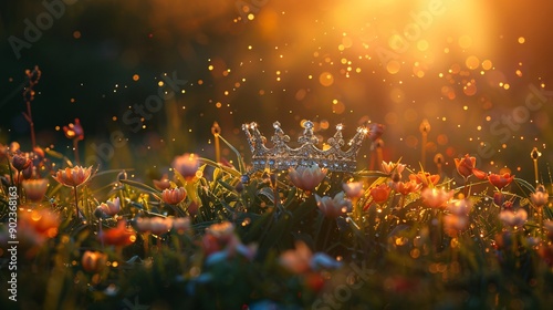 Sparkling meadow adorned with a majestic crown, illuminated by sunlight. A magical blend of nature and royalty photo