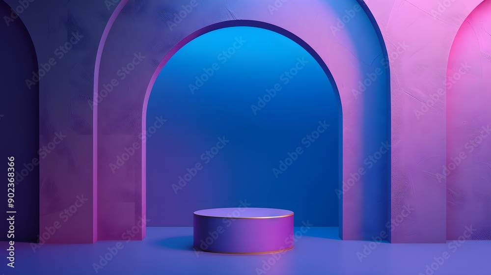 Abstract realistic 3d blue cylinder pedestal podium with dark blue abstract room with semi circle glowing neon lighting scene. Vector rendering product display presentation Abstract realistic 3d blue cylinder pedestal podium with dark blue abstract room with semi circle glowing neon lighting scene. Vector rendering product display presentation
