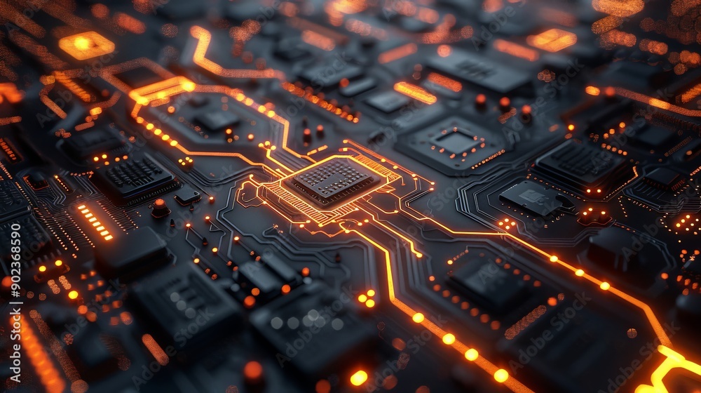 Futuristic circuit board texture with intricate, glowing pathways