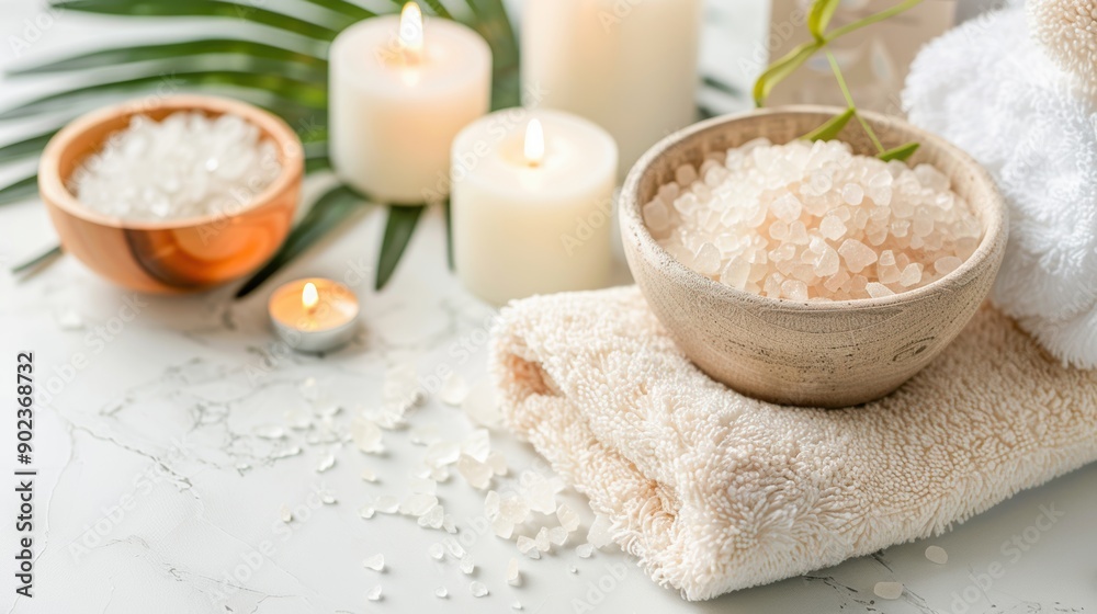 Elegant spa environment showcasing items like aromatic candles, plush towels, and a bowl of bath salts, with clear copy space Elegant spa environment showcasing items like aromatic candles, plush towels, and a bowl of bath salts, with clear copy space
