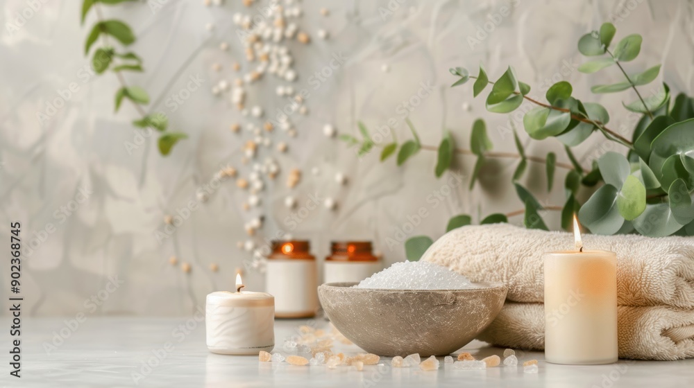 Elegant spa environment showcasing items like aromatic candles, plush towels, and a bowl of bath salts, with clear copy space Elegant spa environment showcasing items like aromatic candles, plush towels, and a bowl of bath salts, with clear copy space