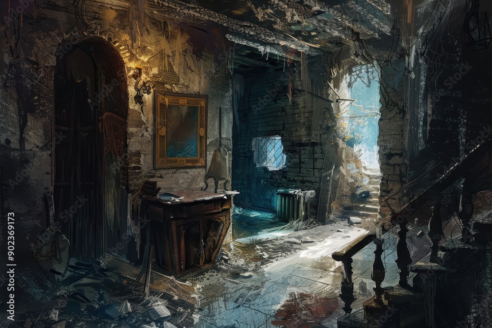 Mysterious and eerie dilapidated mansion interior with broken furniture and sunlight streaming through a shattered window Mysterious and eerie dilapidated mansion interior with broken furniture and sunlight streaming through a shattered window