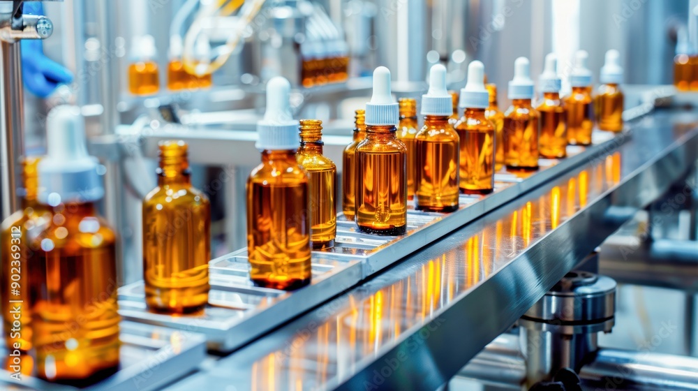 Luxurious cosmetic production line within a sleek, high-tech factory, highlighting orderly rows of amber glass dropper bottles Luxurious cosmetic production line within a sleek, high-tech factory, highlighting orderly rows of amber glass dropper bottles