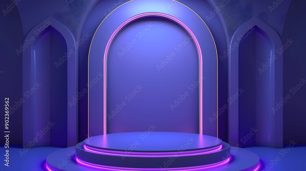 Abstract realistic 3d blue cylinder pedestal podium with dark blue abstract room with semi circle glowing neon lighting scene. Vector rendering product display presentation Abstract realistic 3d blue cylinder pedestal podium with dark blue abstract room with semi circle glowing neon lighting scene. Vector rendering product display presentation