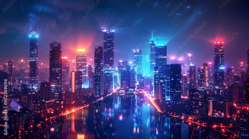 Futuristic cityscape background with glowing skyscrapers and neon lights