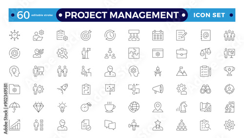 Project management icon collection. Time management and planning concept. Business or organization management icons for web and mobile apps. Time management, planning. Editable stroke outline icon.