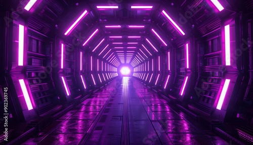 A digital rendering of a futuristic corridor illuminated with vibrant pink neon lights