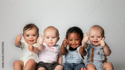 Modern design, positive attitude concept. Children baby toddlers hands show thumbs up, class, like. Gesture isolated on white background