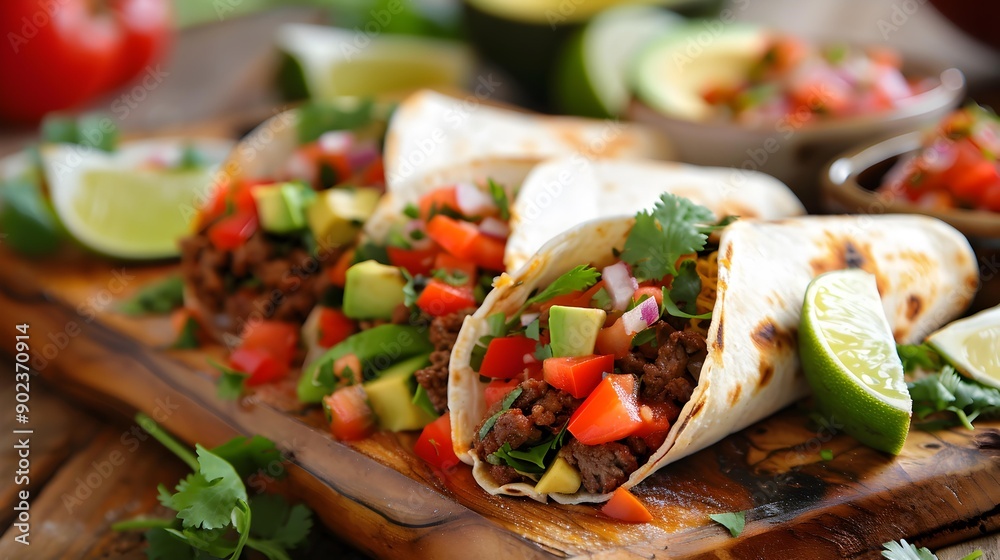 Beef burritos topped with fresh salsa and avocado img Beef burritos topped with fresh salsa and avocado img