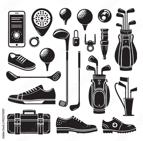 Golf equipment set collection illustration silhouette style