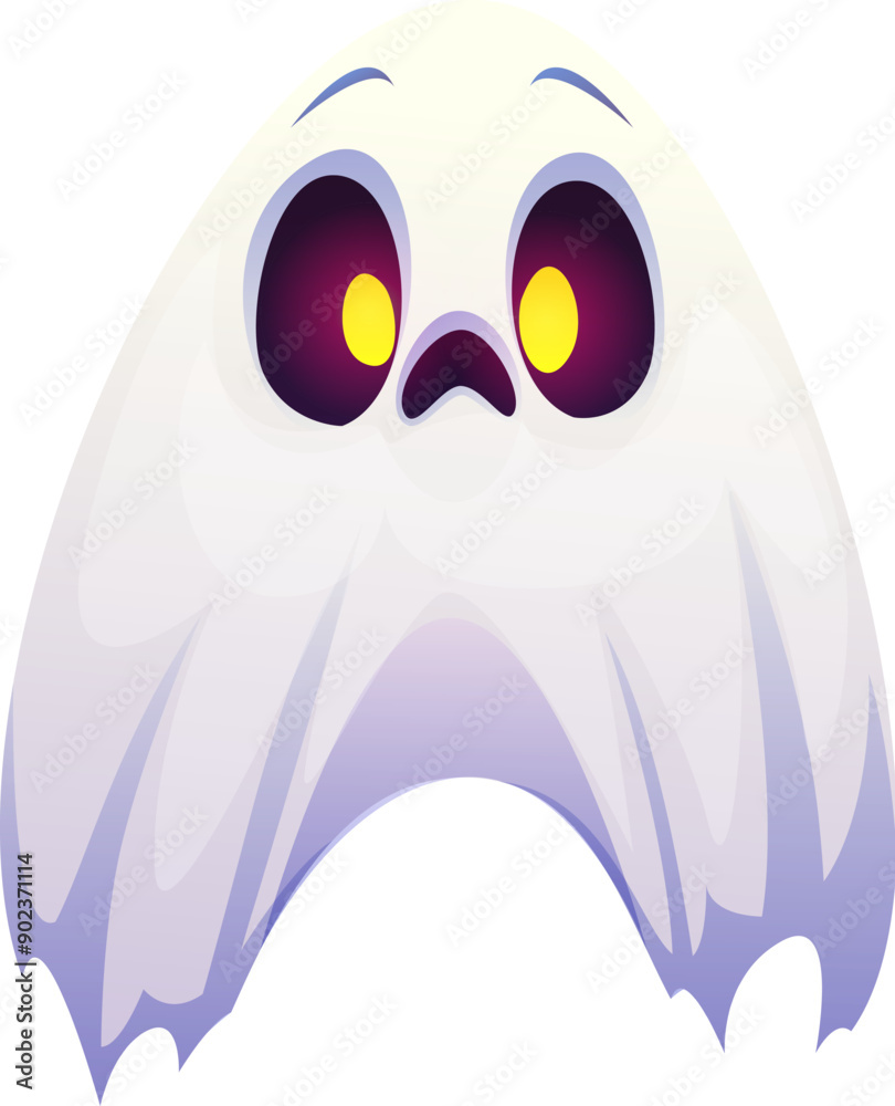 Obraz premium Letter A Halloween ghost font, scary typeface, horror evil type, spooky monster alphabet. Vector holiday kid abc, spook typography character floating with glowing yellow eyes and sad face expression
