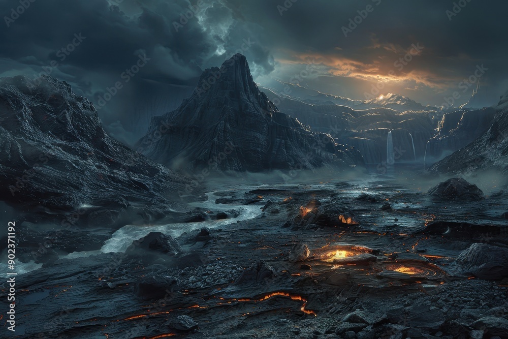 Fototapeta premium Molten Lava River Through Alien Mountain Landscape
