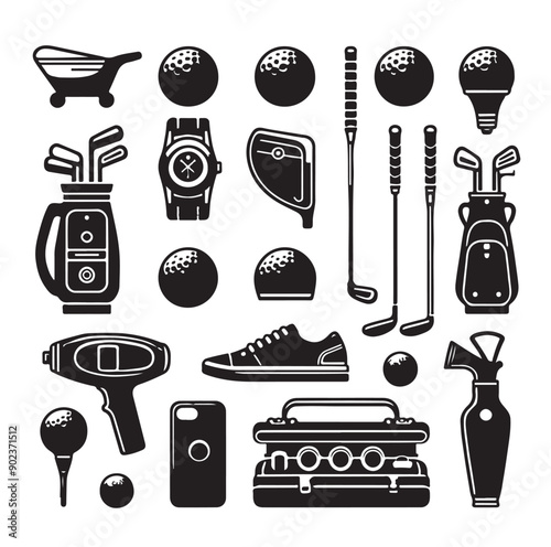 Golf equipment set collection  illustration silhouette style