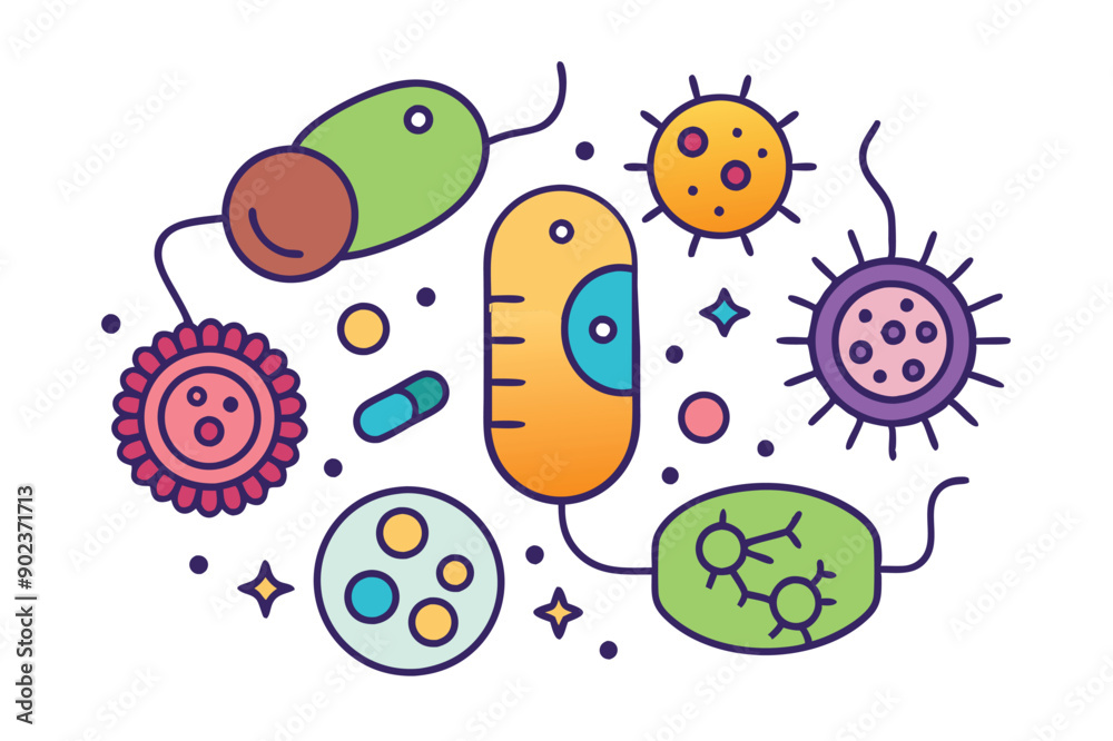 Probiotics bacteria, microbes, infection and pathogen cells concept editable stroke outline, icon set Vector illustration on white background. Probiotics bacteria, microbes, infection and pathogen cells concept editable stroke outline, icon set Vector illustration on white background.