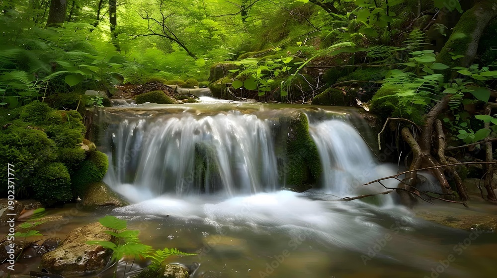 A waterfall flowing down a slope among rocks A waterfall flowing down a slope among rocks