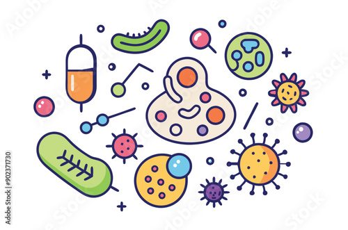 Probiotics bacteria, microbes, infection and pathogen cells concept editable stroke outline, icon set Vector illustration on white background.
