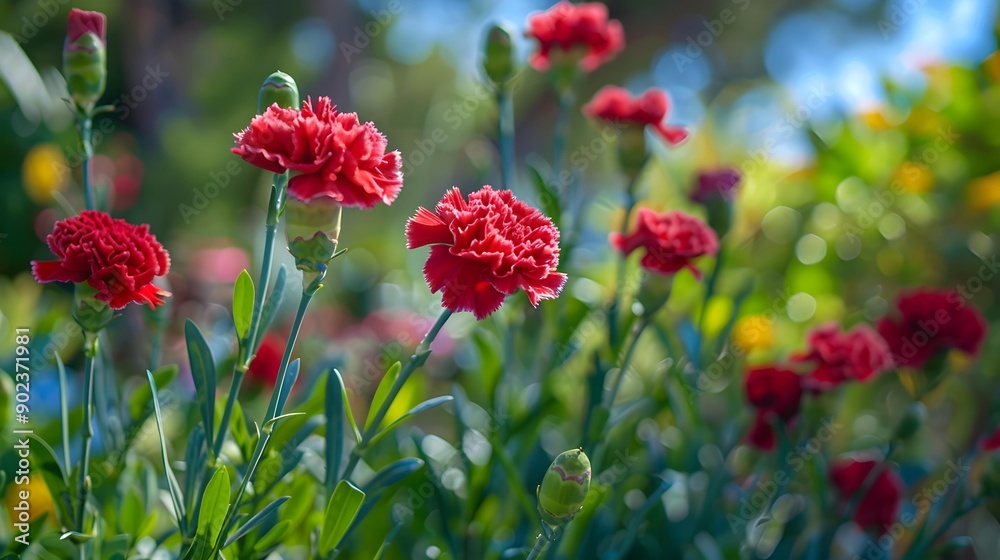 Red carnation blooms in the garden its double Red carnation blooms in the garden its double