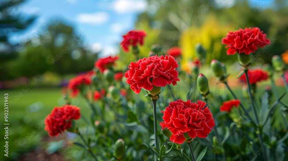 Red carnation blooms in the garden its double image Red carnation blooms in the garden its double image