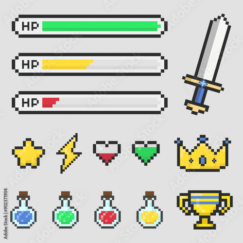 Retro Gaming elements 8bit pixel art style