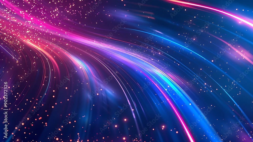 An abstract cosmic design featuring a gradient of deep blues to light purples, accented with bright neon streaks and softly glowing particles, creating a dreamy and futuristic atmosphere.