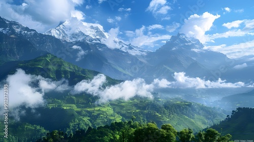 Mountain clouds envelop the peaks of high mountains img