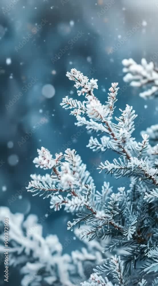 A close up of a tree branch covered in snow. Concept of tranquility and peacefulness, as the snowflakes gently fall on the branch, creating a serene atmosphere A close up of a tree branch covered in snow. Concept of tranquility and peacefulness, as the snowflakes gently fall on the branch, creating a serene atmosphere