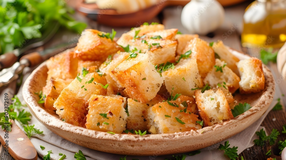 Garlic croutons fried until crispy served image Garlic croutons fried until crispy served image