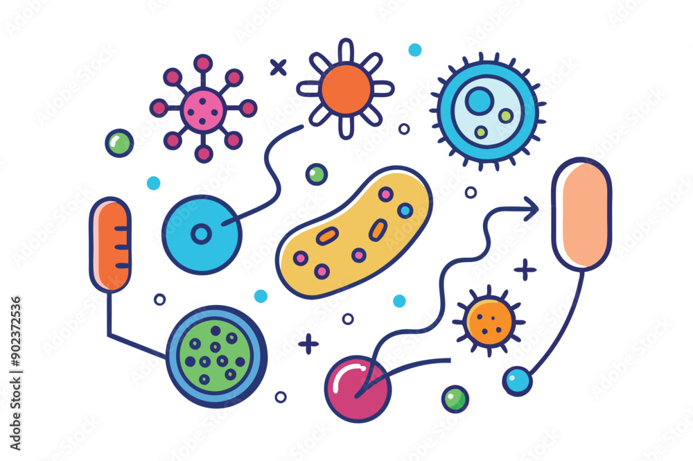 Probiotics bacteria, microbes, infection and pathogen cells concept editable stroke outline, icon set Vector illustration on white background. Probiotics bacteria, microbes, infection and pathogen cells concept editable stroke outline, icon set Vector illustration on white background.