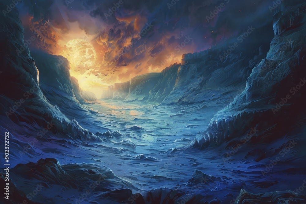 Mystical moonlit frozen mountain landscape with glowing river Mystical moonlit frozen mountain landscape with glowing river