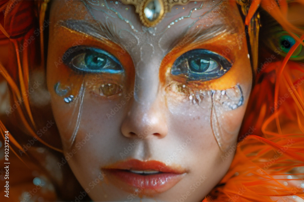 A woman with vibrant face paint and colorful makeup, showcasing artistic expression.